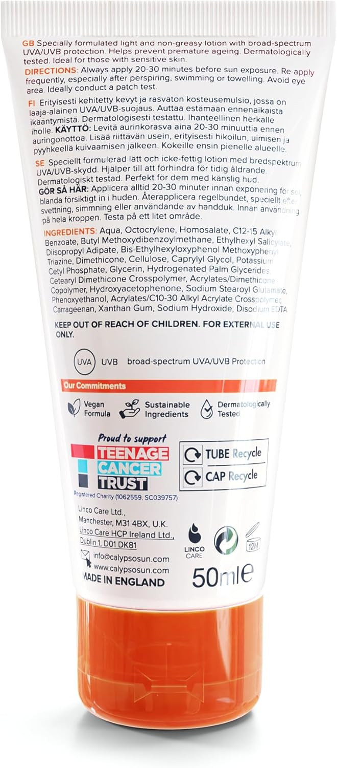 Calypso Sensitive Skin Face Sun Lotion | SPF 50+, Very High Protection, Hypoallergenic Sunscreen, Suitable for Kids, Water Resistant, 50ml