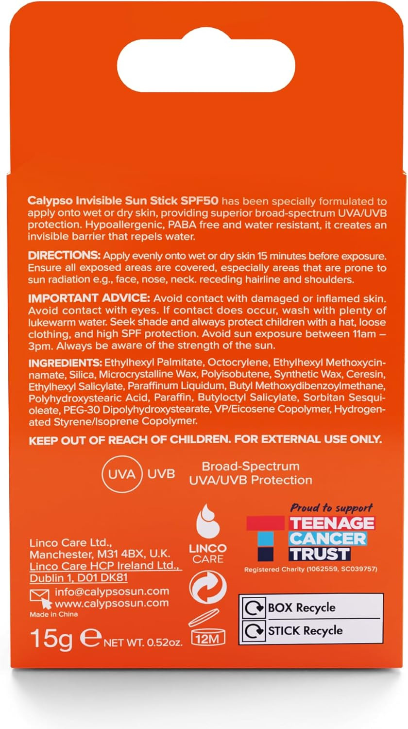 Calypso Invisible Sun Stick, SPF50 Sun Protection for Wet and Dry Skin, 15g