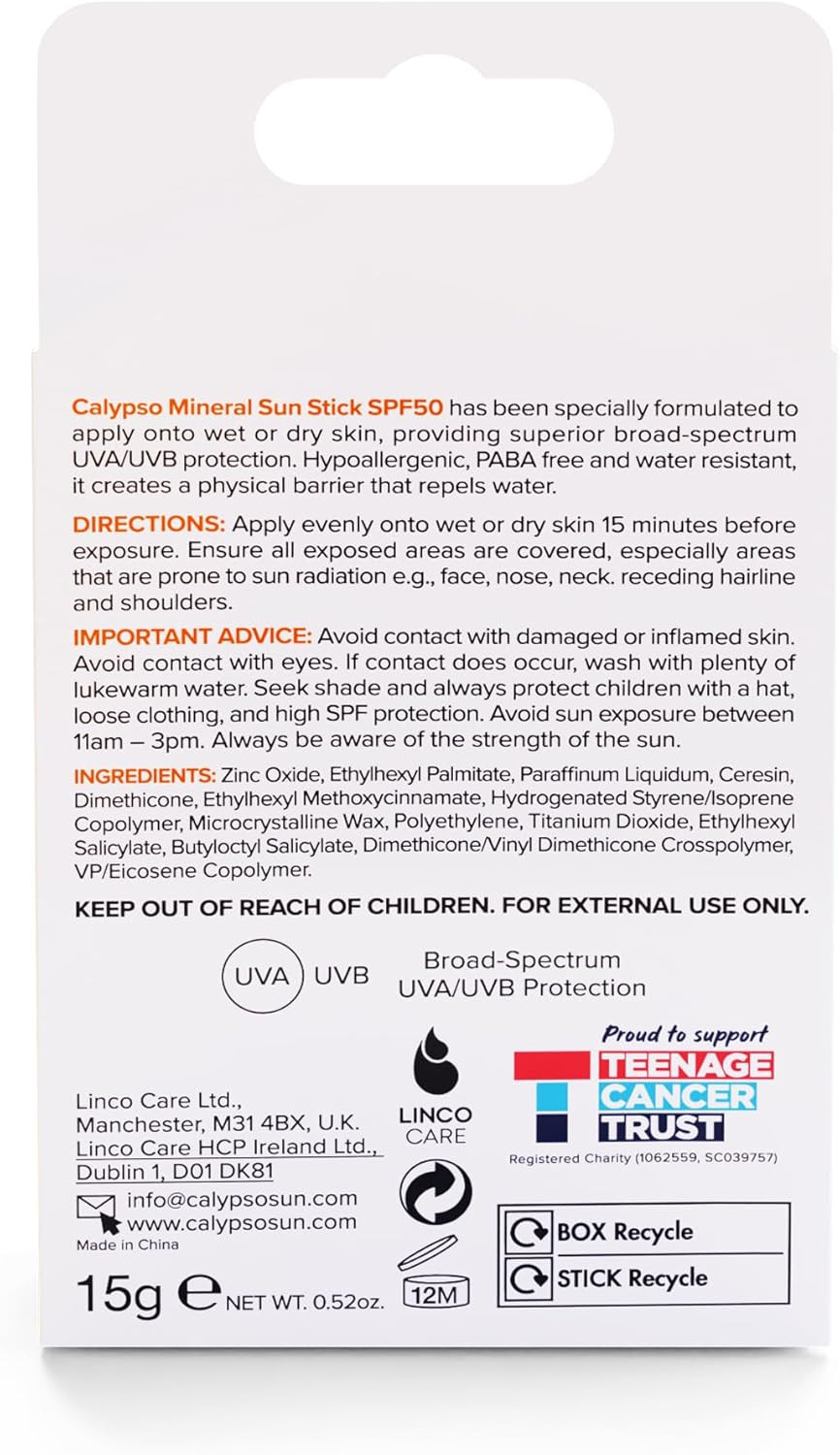 Calypso Mineral Sun Stick, SPF50 Sun Protection with Zinc Oxide for Wet and Dry Skin, Hypoallergenic, PABA free, 15g