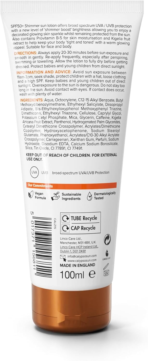 Calypso Shimmer Sun Lotion SPF50 + | Very High UVA + UVB Protection, Water Resistant, Shimmering Sun Protection for Face and Body, 100ml