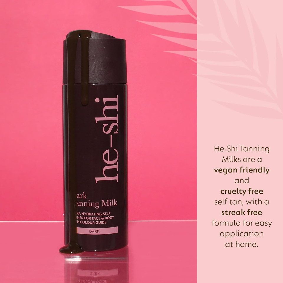 He-Shi Dark Tanning Milk 200ml - Lightweight Fake Tan Milk with Glycerine & Hyaluronic Acid for Silky Hydrated Skin, Dark Bronzed Glow - 96% Natural, Suitable for All Skin Types