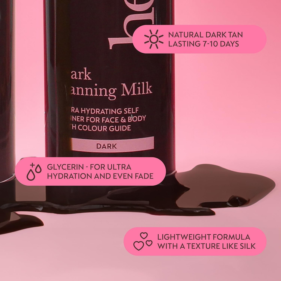 He-Shi Dark Tanning Milk 200ml - Lightweight Fake Tan Milk with Glycerine & Hyaluronic Acid for Silky Hydrated Skin, Dark Bronzed Glow - 96% Natural, Suitable for All Skin Types