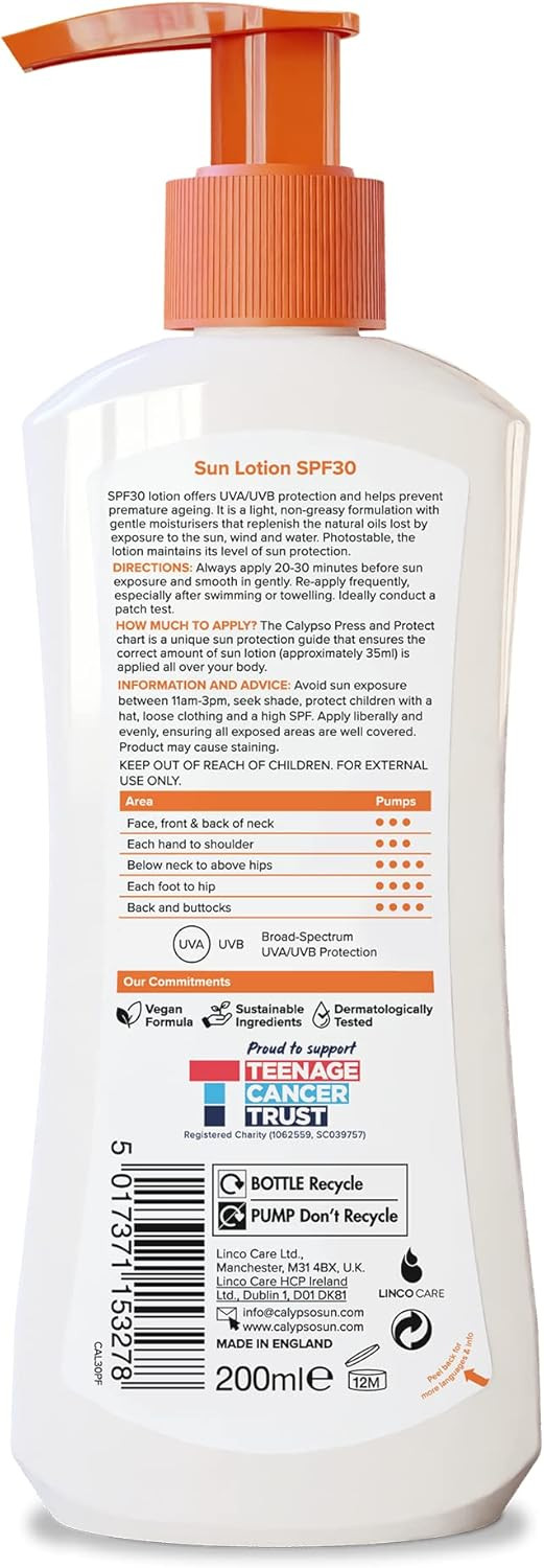 Calypso Sun Lotion SPF30, 24 hours Moisturisation, Anti Ageing, Water Resistant, 200ml