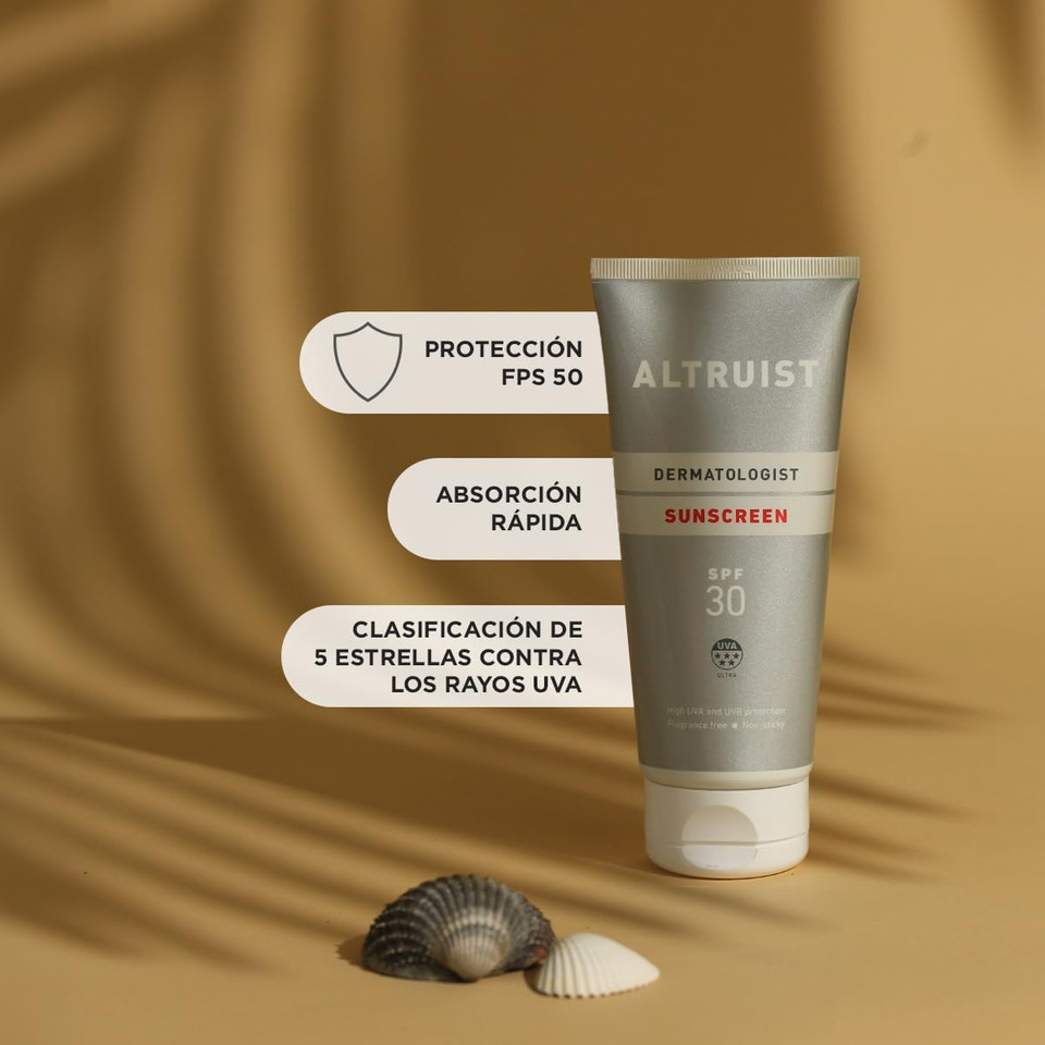 Altruist Dermatologist Sunscreen Fluid SPF30  Superior 5star UVA protection by Dr Andrew Birnie premium antioxidant face protection, White, Unscented, 50 millilitre