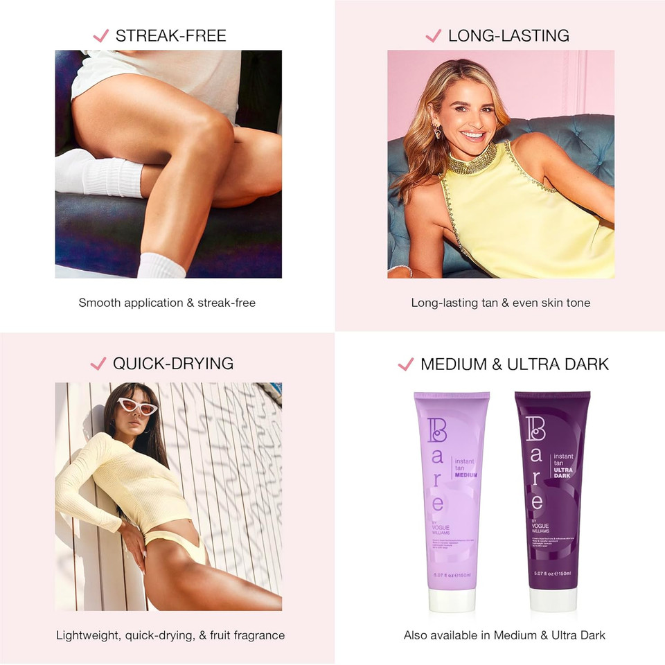 Bare by Vogue Instant Tan - Dark 150ml, Wash-Off Formula for Streak-Free, Natural-Looking Glow - Infused with Super Peptides for Plump, Smooth & Firm Skin