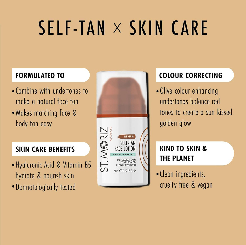 St Moriz Advanced Dark Colour Correcting Self Tan Face Lotion | With Hyaluronic Acid & Vitamin B5 | Purple Colour Correcting Undertones Neutralise Yellow Tones | Wear Alone & Under Makeup | 50ml St Moriz Advanced Dark Colour Correcting Self Tan Face Lotion | With Hyaluronic Acid & Vitamin B5 | Purple Colour Correcting Undertones Neutralise Yellow Tones | Wear Alone & Under Makeup | 50ml