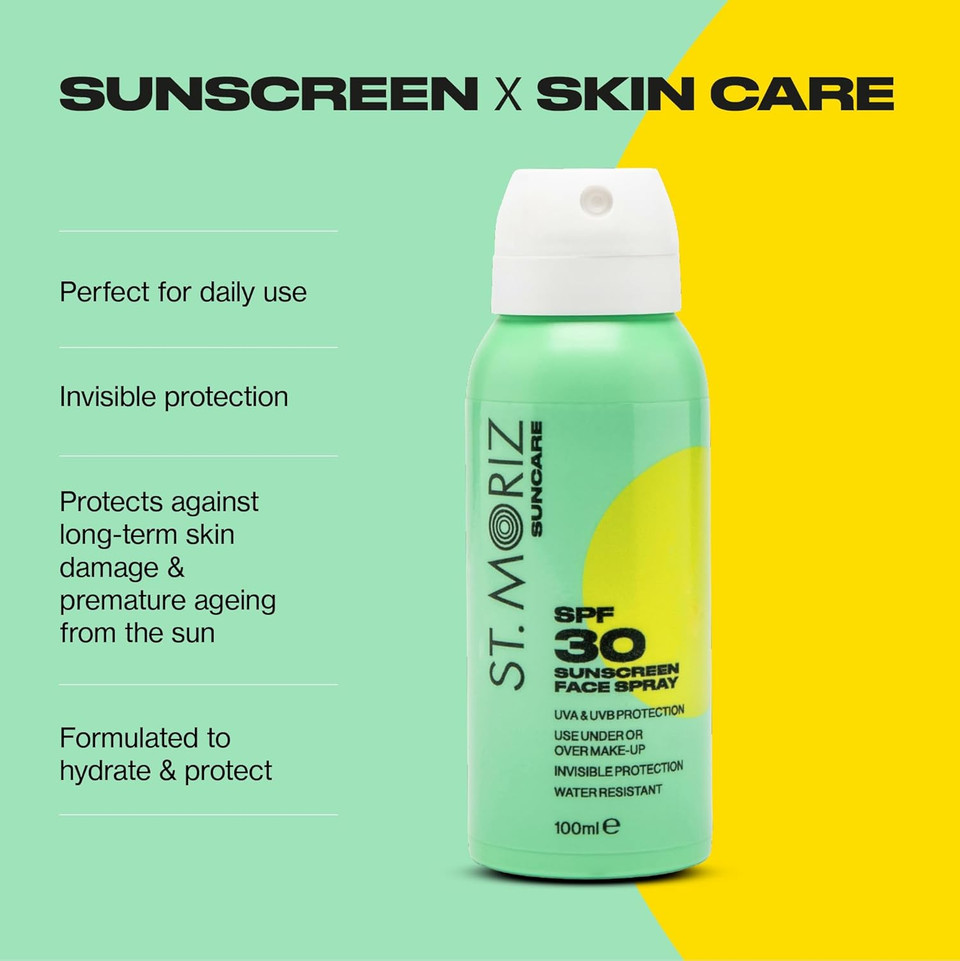 St Moriz Suncare SPF 30 Sunscreen Face Spray | UVA & UVB Invisible Protection SPF 30 Sun Protection Face Mist with Vitamin E | Wear Under or Over Makeup | Dermatologically Tested | Vegan | 100ml