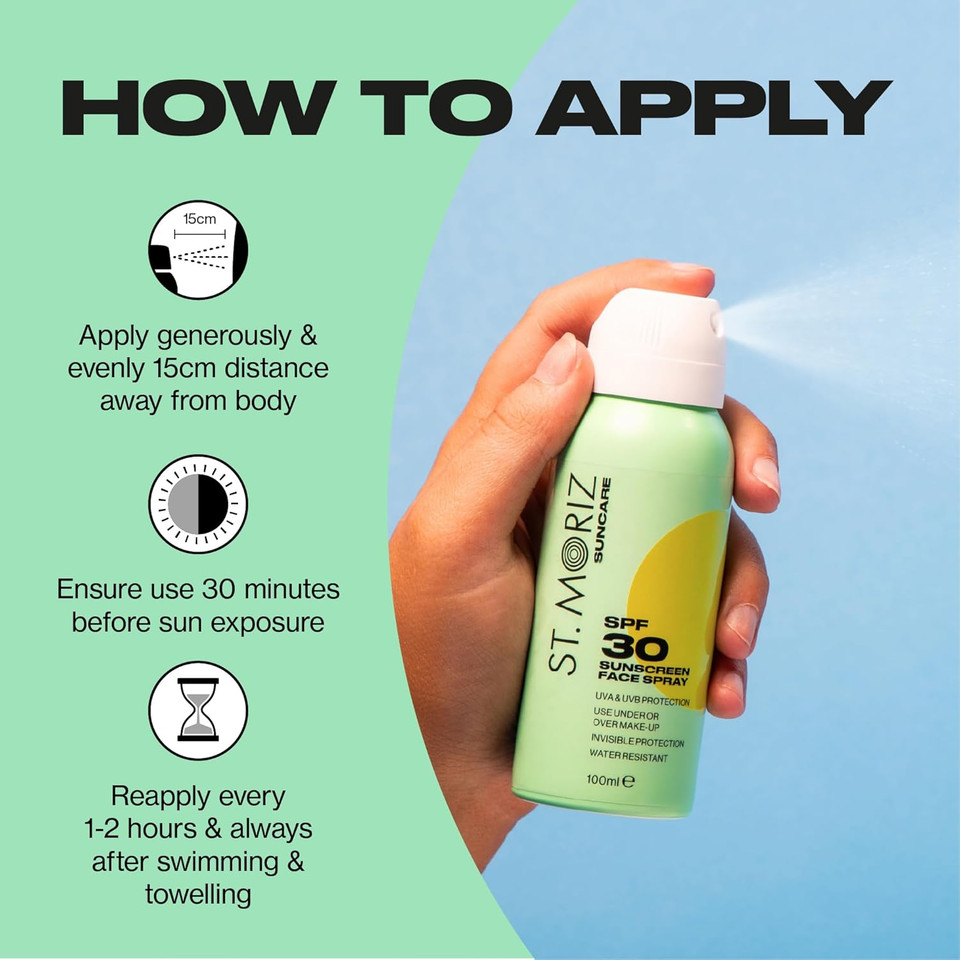 St Moriz Suncare SPF 30 Sunscreen Face Spray | UVA & UVB Invisible Protection SPF 30 Sun Protection Face Mist with Vitamin E | Wear Under or Over Makeup | Dermatologically Tested | Vegan | 100ml