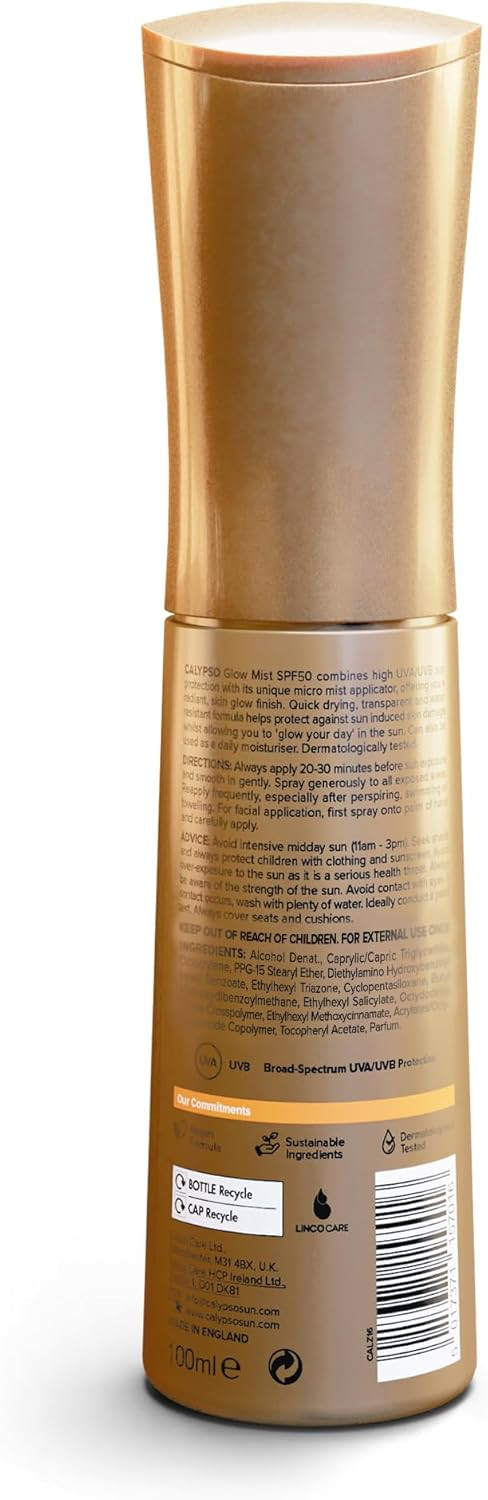 Calypso Glow Mist SPF50 | Radiant Skin Glow Finish, Protective Sun Spray, Water Resistant, Non Sticky Transparent Sunscreen, High UVA & UVB Protection, 100ml