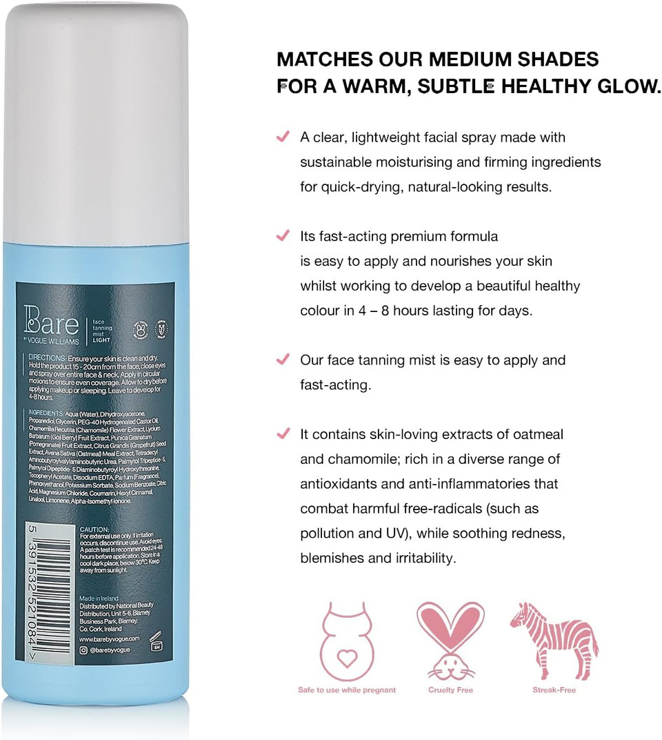 Bare by Vogue Fake Tan - Self Tan Face Mist Spray Solution - Light for a Natural Glow on Face & Body - Easy Application Mist