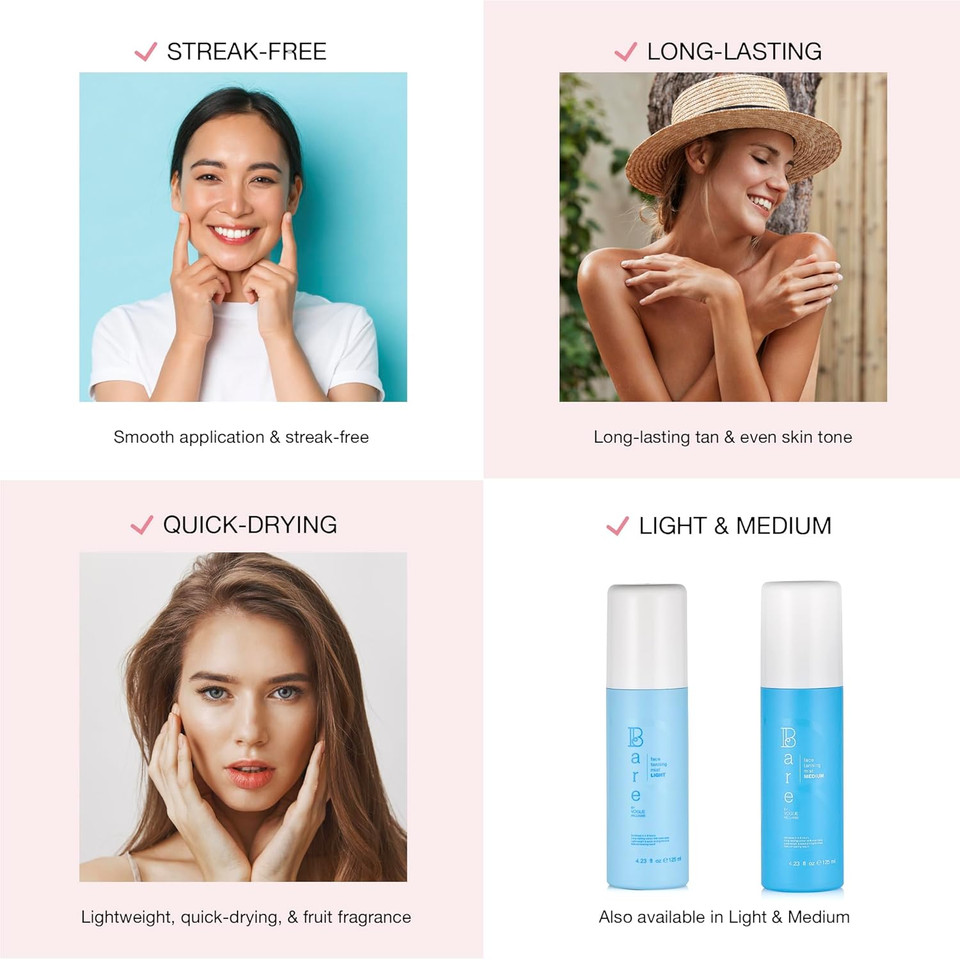 Bare by Vogue Fake Tan - Self Tan Face Mist Spray Solution - Dark for a Natural Glow on Face & Body - Easy Application Mist 125ML