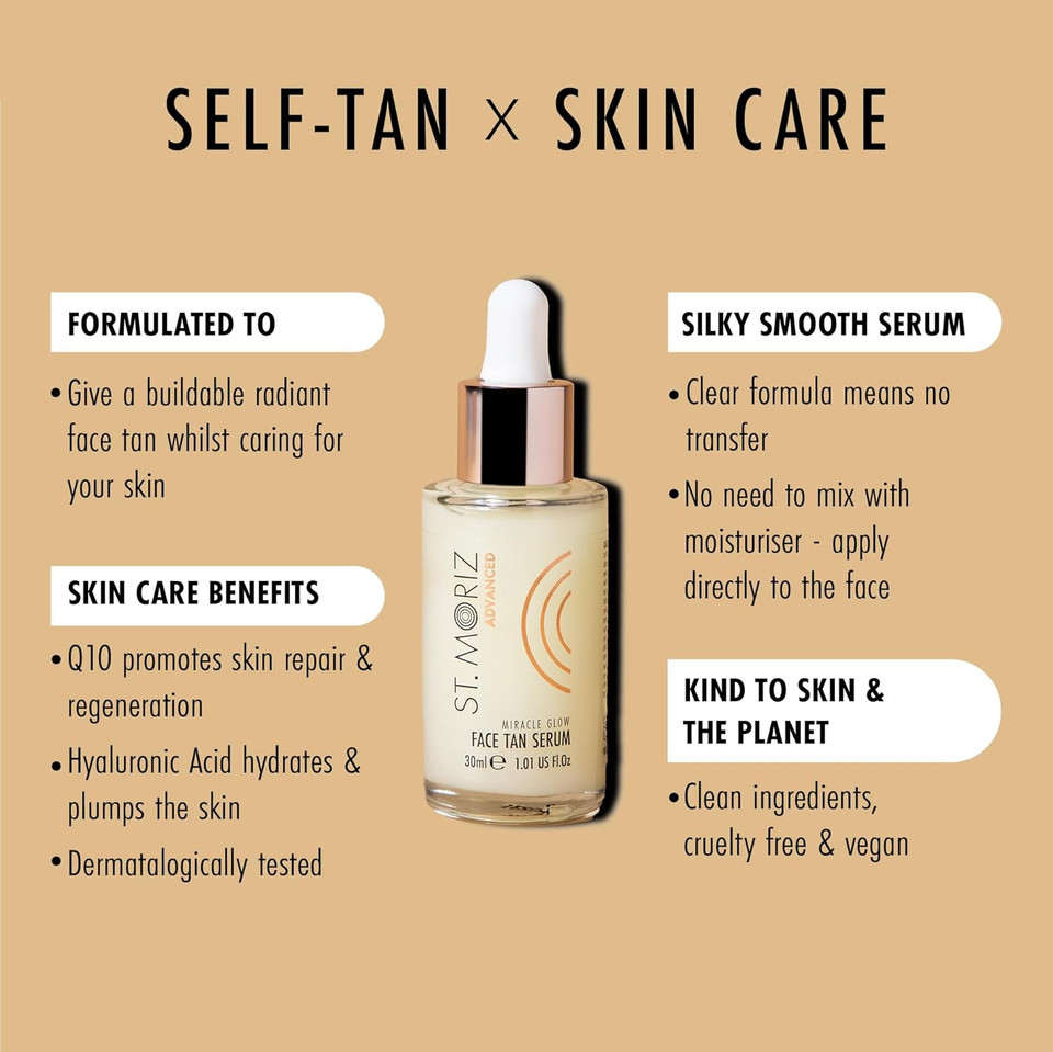 St Moriz Advanced Miracle Glow Face Tan Serum | Hydrating Self Tan Face Serum | With Q10 & Hyaluronic Acid | Natural Buildable Radiant Glow & Gradual Fake Tan | Vegan & Cruelty Free | 30ml