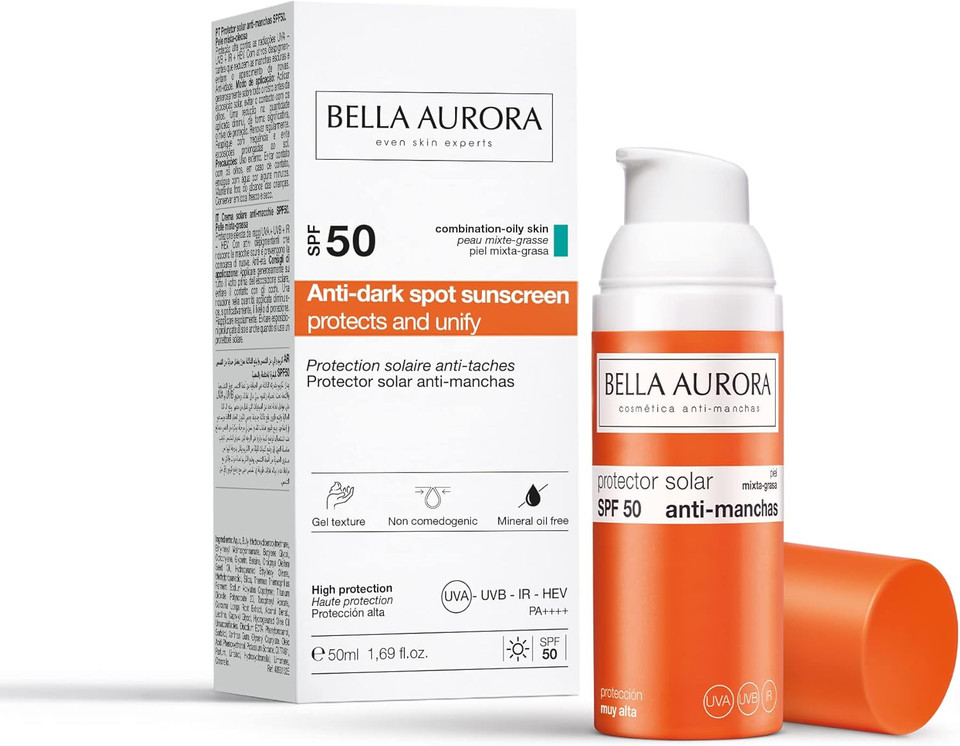 Bella Aurora, Facial Sunscreen SPF 50+, Anti-Dark Spots, Protects & Unify, Anti-Blemishes, Facial Sun Protection, Face Sunblock Cream, 50ml (Combination-Oily Skin)