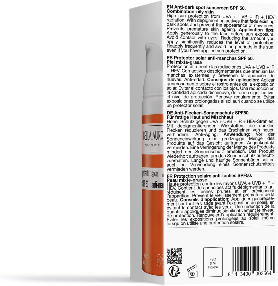 Bella Aurora, Facial Sunscreen SPF 50+, Anti-Dark Spots, Protects & Unify, Anti-Blemishes, Facial Sun Protection, Face Sunblock Cream, 50ml (Combination-Oily Skin)