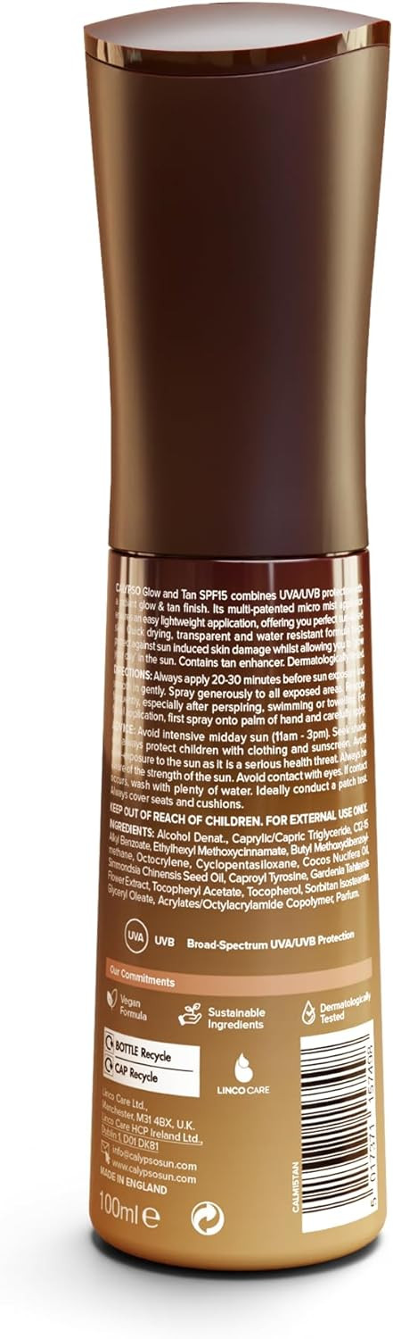 Calypso Glow and Tan Mist SPF 15, Bronzing Tan Enhancing Oil with Accelerator, Water Resistant, Sun Spray, Medium UVA & UVB Protection, 100ml