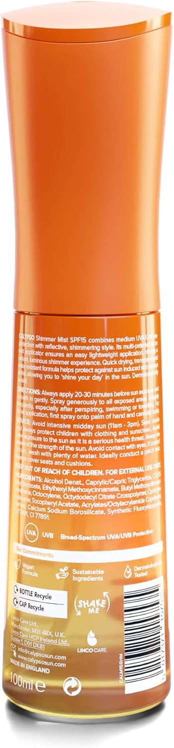 Calypso Shimmer Mist SPF15, Shimmering Finish, Protective Water Resistant Sun Spray, Non-sticky, Transparent Sunscreen, 100ml
