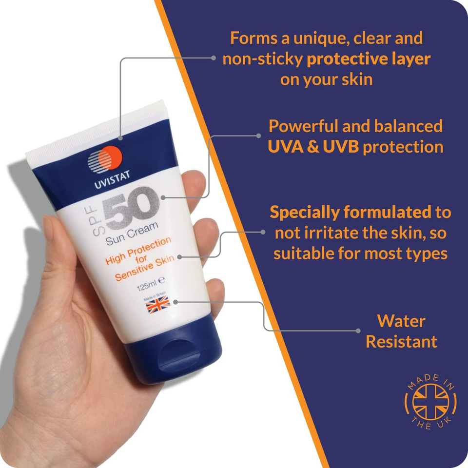 Uvistat Sun Cream SPF 50 (125ml)  Fragrance-Free Moisturising for Sensitive Skin & All Skin Types  Factor 50 Suntan Lotion  Kids & Adults High Protection  Balanced UVA/UVB