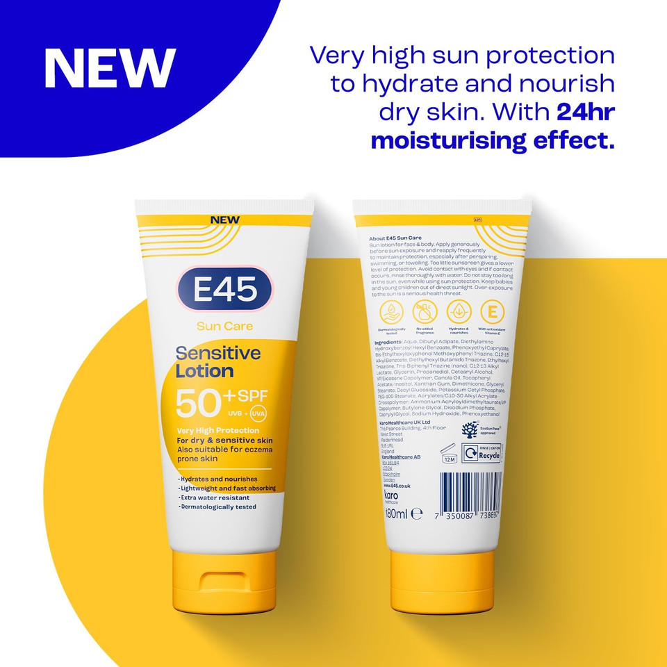 E45 Sun Body Lotion for Sensitive Skin. Hydrating Sun Cream with very high UVA and UVB protection and SPF 50+. For Dry Skin, Sensitive Skin and Eczema Prone Skin - 180 ml