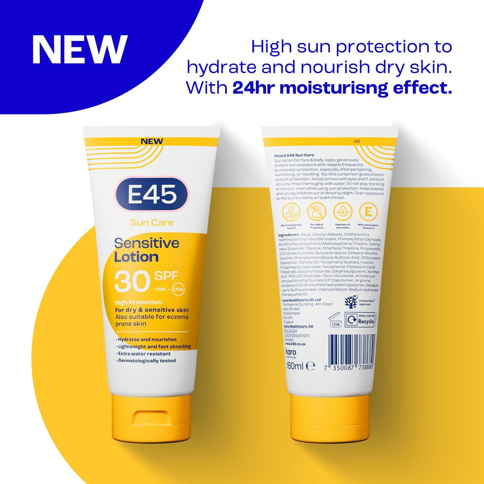 E45 Sun SPF30 Sensitive Sun Cream with Vitamin E - UVA and UVB Protection- Fragrance-Free and Dermatologically Tested Sun Lotion For Body - Suitable For Dry, Sensitive and Eczema Prone Skin (180ml)