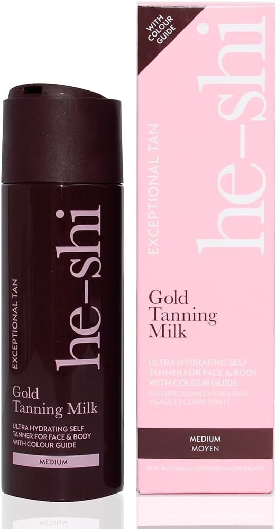 He-Shi Gold Tanning Milk 200ml - Lightweight Fake Tan Milk with Glycerine & Hyaluronic Acid for Silky Hydrated Skin, Medium Golden Glow - 96% Natural, Suitable for All Skin Types