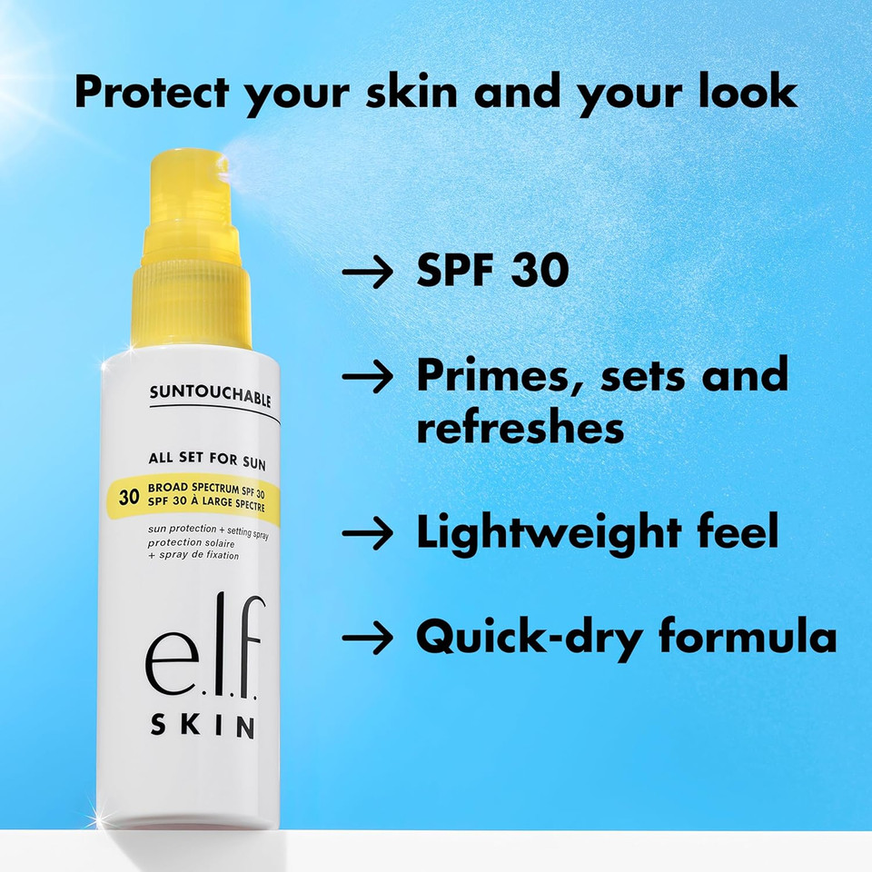 e.l.f. SKIN All Set For Sun SPF 30, Setting Spray With SPF 30 For Long-Lasting Makeup, Weightless, Non-Greasy Formula, Vegan & Cruelty-Free, Packaging May Vary