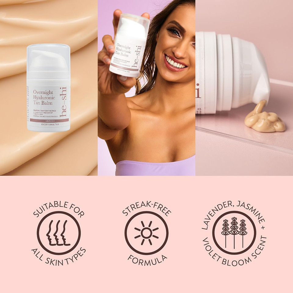 He-Shi Gradual Face Tan - Overnight Hyaluronic Tan Balm - Anti-Ageing Gradual Tanning Moisturiser - Hydrating & Firming - Evening Skincare with Lavender for Natural Radient Skin, Vegan & Cruelty Free