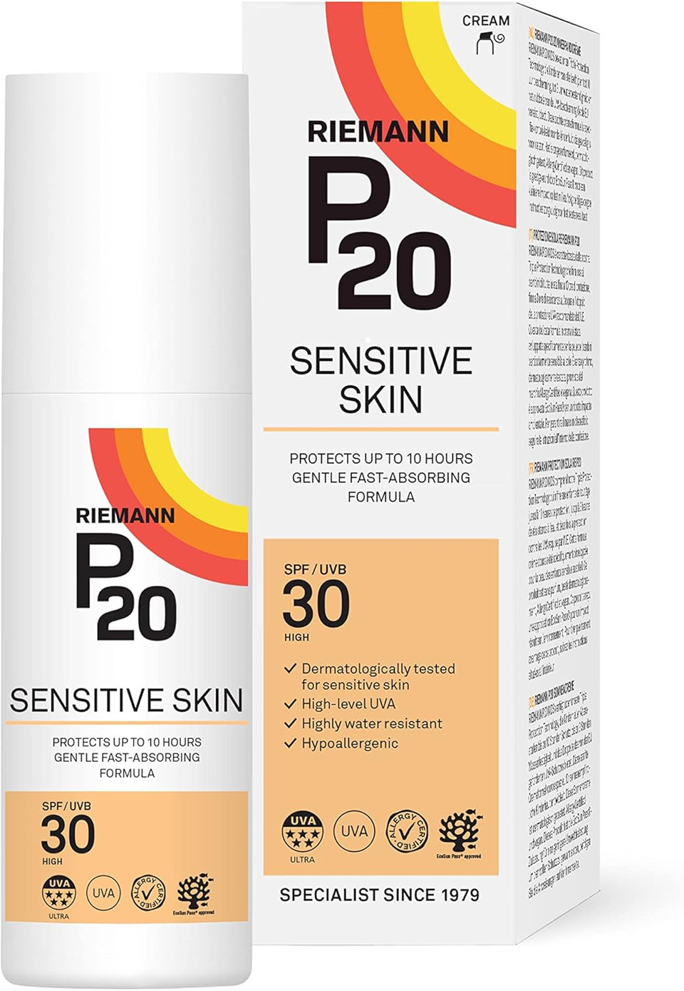 RIEMANN P20 SPF30 Sensitive Sun Cream 100ml, High Level UVA Protection for up to 10 Hours, Allergy Certification, Water Resistant, Durable & Long Lasting, Sweat Resistant