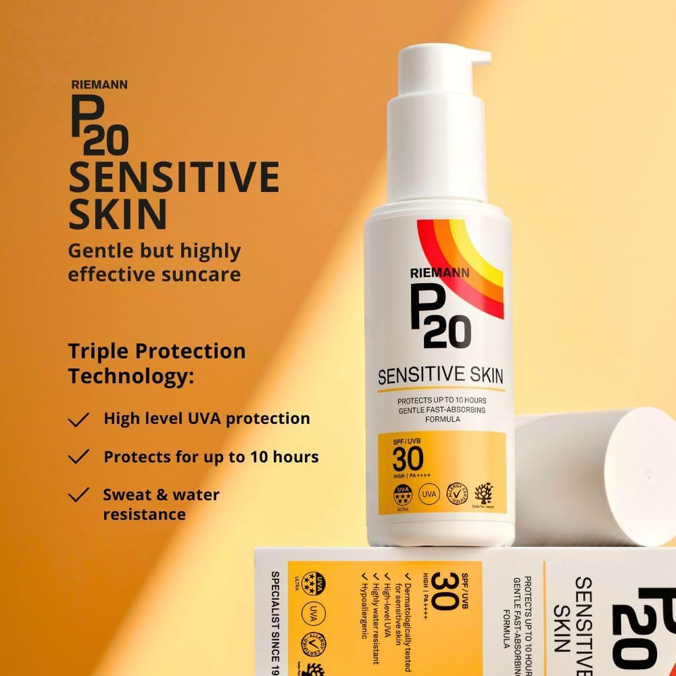 RIEMANN P20 SPF30 Sensitive Sun Cream 100ml, High Level UVA Protection for up to 10 Hours, Allergy Certification, Water Resistant, Durable & Long Lasting, Sweat Resistant