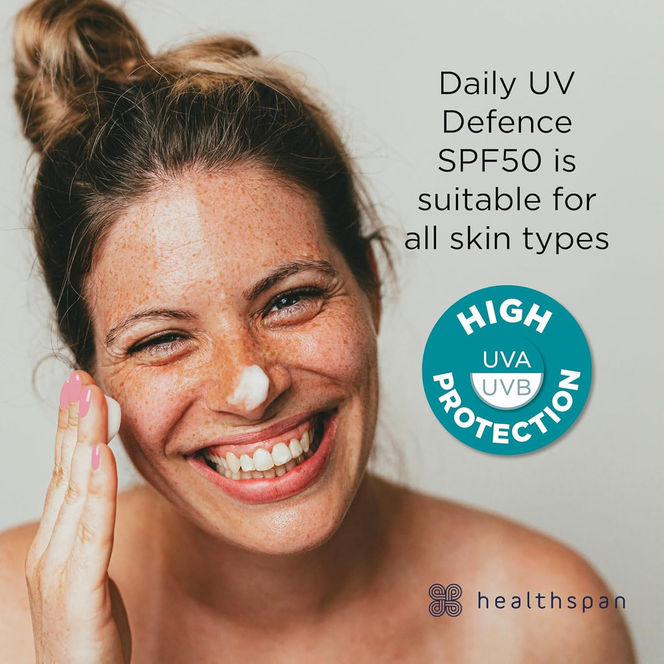 Healthspan Daily Uv Defence Spf50 | High UVA and UVB sun protection | Lightweight face cream with SPF50 | Helps to reduce the appearance of wrinkles | Added Superox-C vitamin C