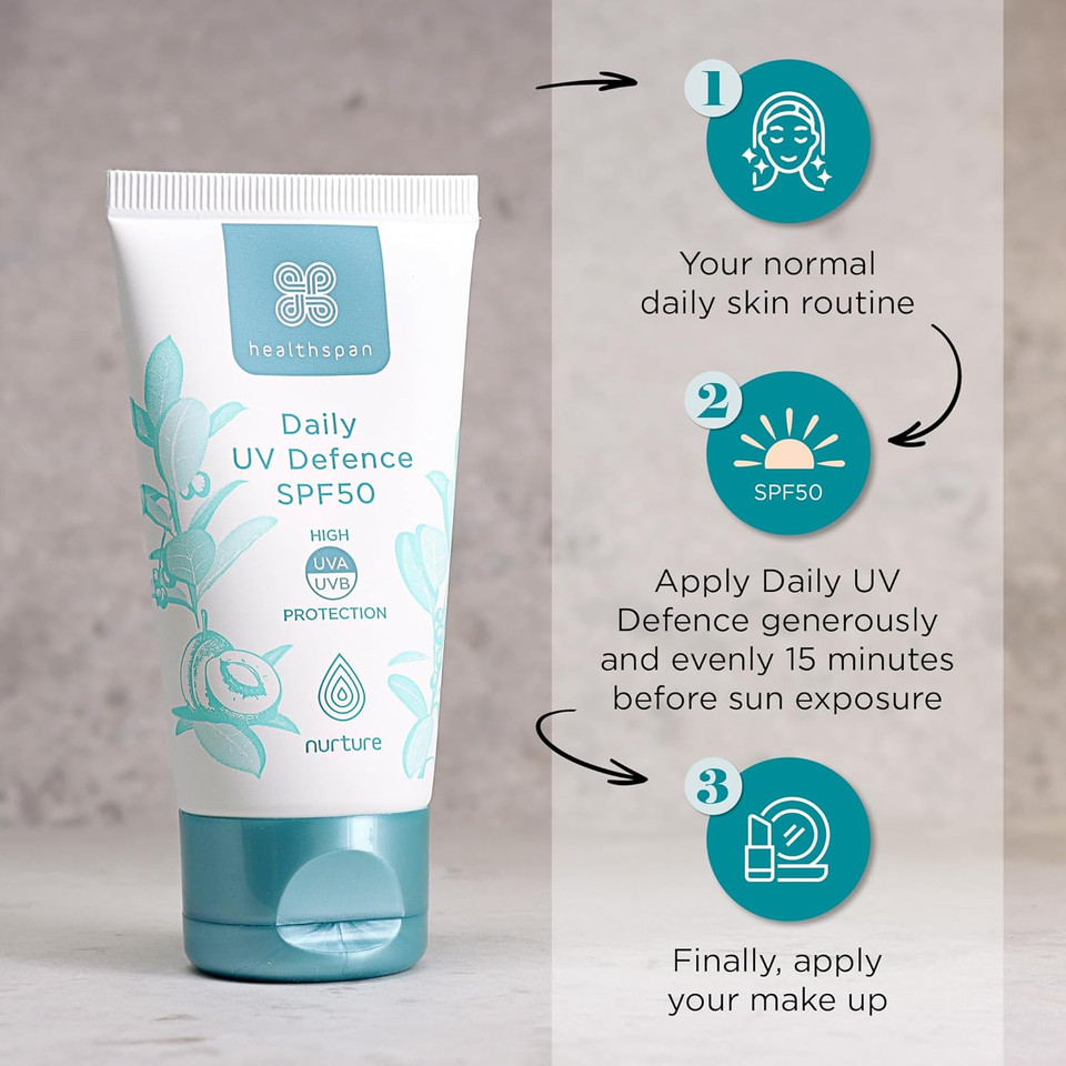 Healthspan Daily Uv Defence Spf50 | High UVA and UVB sun protection | Lightweight face cream with SPF50 | Helps to reduce the appearance of wrinkles | Added Superox-C vitamin C