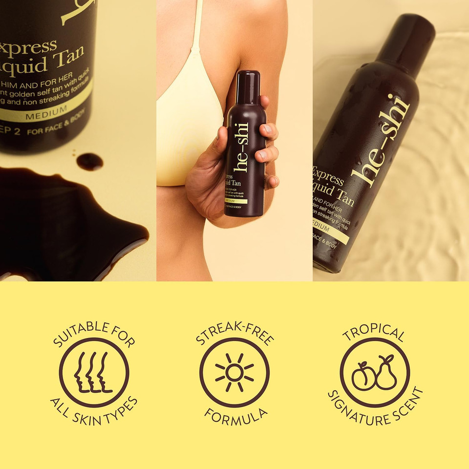 He-Shi Self Tan Express Instant Fake Tan Liquid  Bronze Natural Quick Dry Formula with Tropical Smell - Vegan & Cruelty Free - Medium Bronzing Glow (150ml) He-Shi Self Tan Express Instant Fake Tan Liquid  Bronze Natural Quick Dry Formula with Tropical Smell - Vegan & Cruelty Free - Medium Bronzing Glow (150ml)