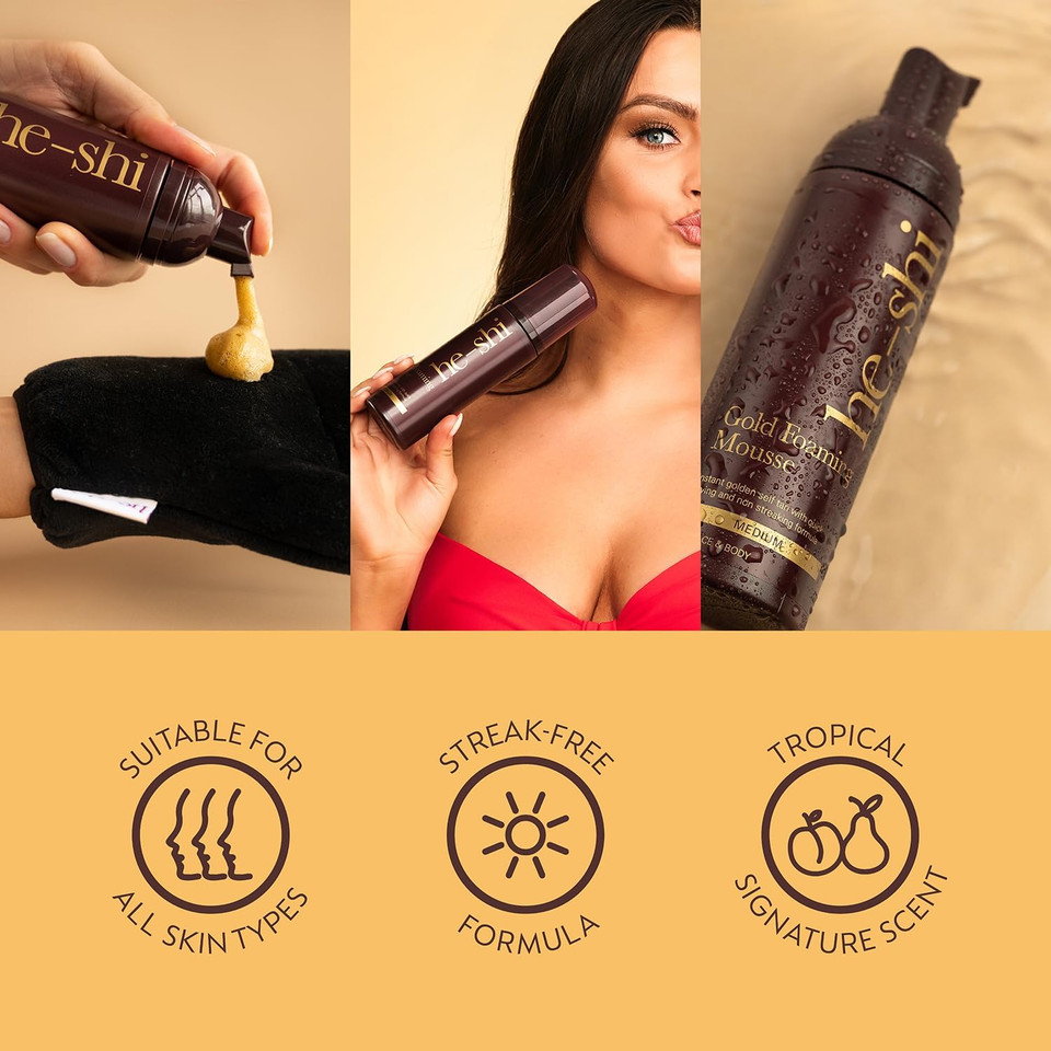 He-Shi Self Tan Gold Mousse Instant Tan - Bronzing n Natural Fake Ta Glow - Fast Drying No Smell Tan - Vegan & Cruelty-Free - - Buildable Sun-Kissed Fake Tan He-Shi Self Tan Gold Mousse Instant Tan - Bronzing n Natural Fake Ta Glow - Fast Drying No Smell Tan - Vegan & Cruelty-Free - - Buildable Sun-Kissed Fake Tan