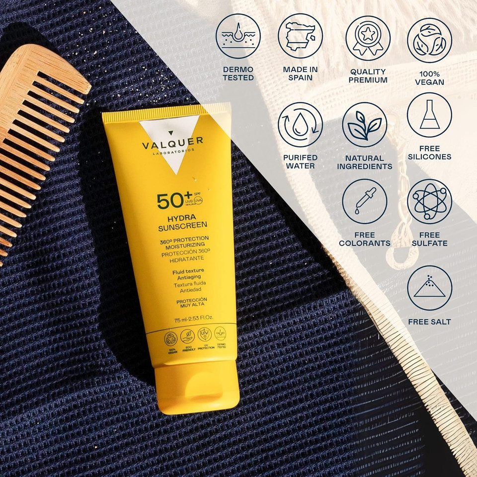 Valquer Hydra Sunscreen SPF 50 Sunscreen Facial Cream, Moisturizing and Anti-Aging. 360 Protection for All Skin Types. With Hyaluronic Acid and Silky Texture. Vegan. 75 ml