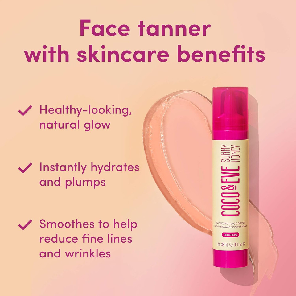 Coco & Eve Sunny Honey Bronzing Face Drops (Dark), Natural Self Tanning Face Drops. Hydrating Hyaluronic Acid. Indoor Sunless Moisturizing Self Tanner. (1 fl oz)