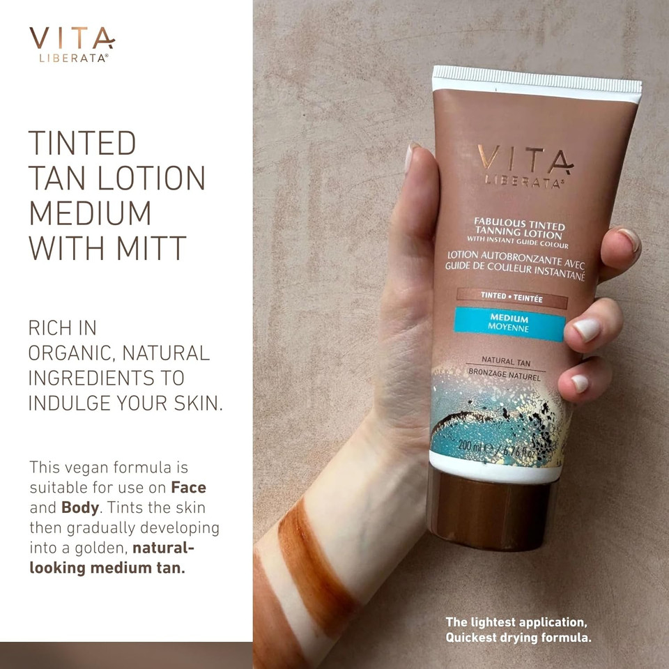 VITA LIBERATA Tinted Tan Lotion Medium 200ml & Mitt Bundle, Hydrating Tanning Lotion, Sun-Kissed Tan, Designed for Face & Body Use, Tinted, Lasting Tan, Streak Free Blend VITA LIBERATA Tinted Tan Lotion Medium 200ml & Mitt Bundle, Hydrating Tanning Lotion, Sun-Kissed Tan, Designed for Face & Body Use, Tinted, Lasting Tan, Streak Free Blend