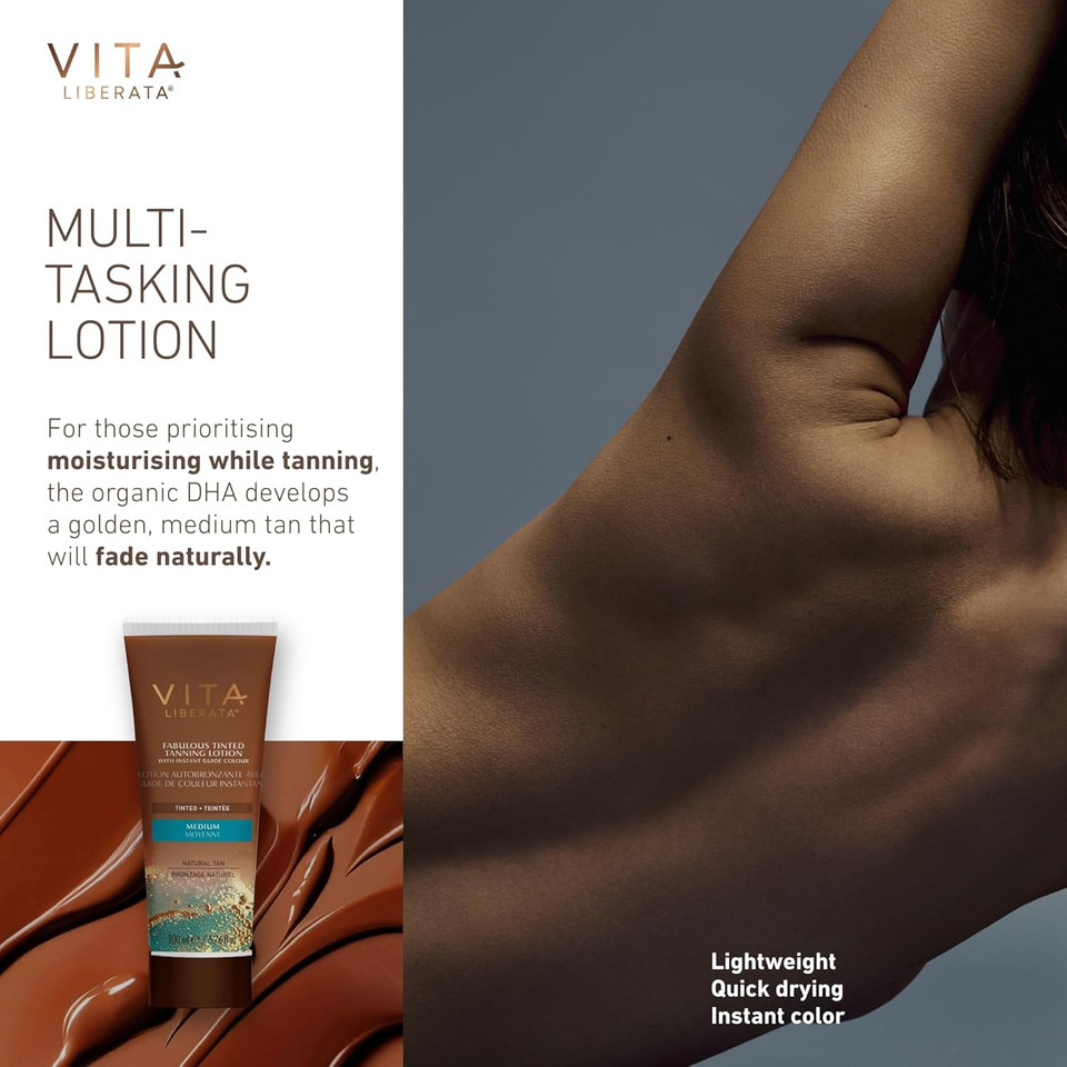 VITA LIBERATA Tinted Tan Lotion Medium 200ml & Mitt Bundle, Hydrating Tanning Lotion, Sun-Kissed Tan, Designed for Face & Body Use, Tinted, Lasting Tan, Streak Free Blend VITA LIBERATA Tinted Tan Lotion Medium 200ml & Mitt Bundle, Hydrating Tanning Lotion, Sun-Kissed Tan, Designed for Face & Body Use, Tinted, Lasting Tan, Streak Free Blend