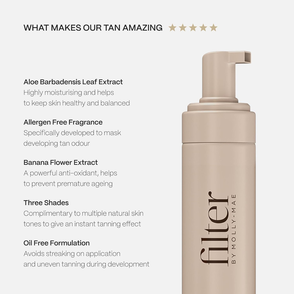 Filter by Molly-Mae Tanning Mousse | Extra Dark Shade | Fast Drying Self Tan Mousse, for a Sunkissed, Golden Glow | Streak Free Fake Tan | Moisturising Foam | Fast Developing | 200ml