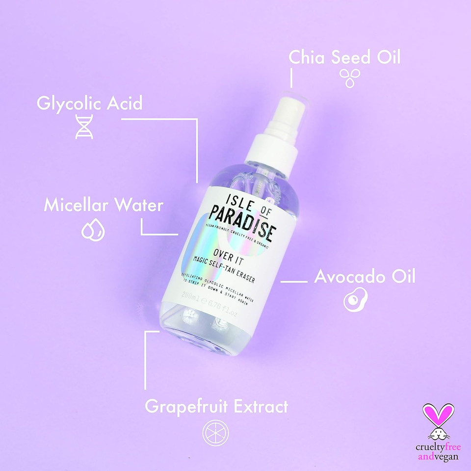 Isle of Paradise OVER IT Self Tan Remover (200 ml) Glycolic Acid and Micellar Water Self Tanning Eraser Vegan
