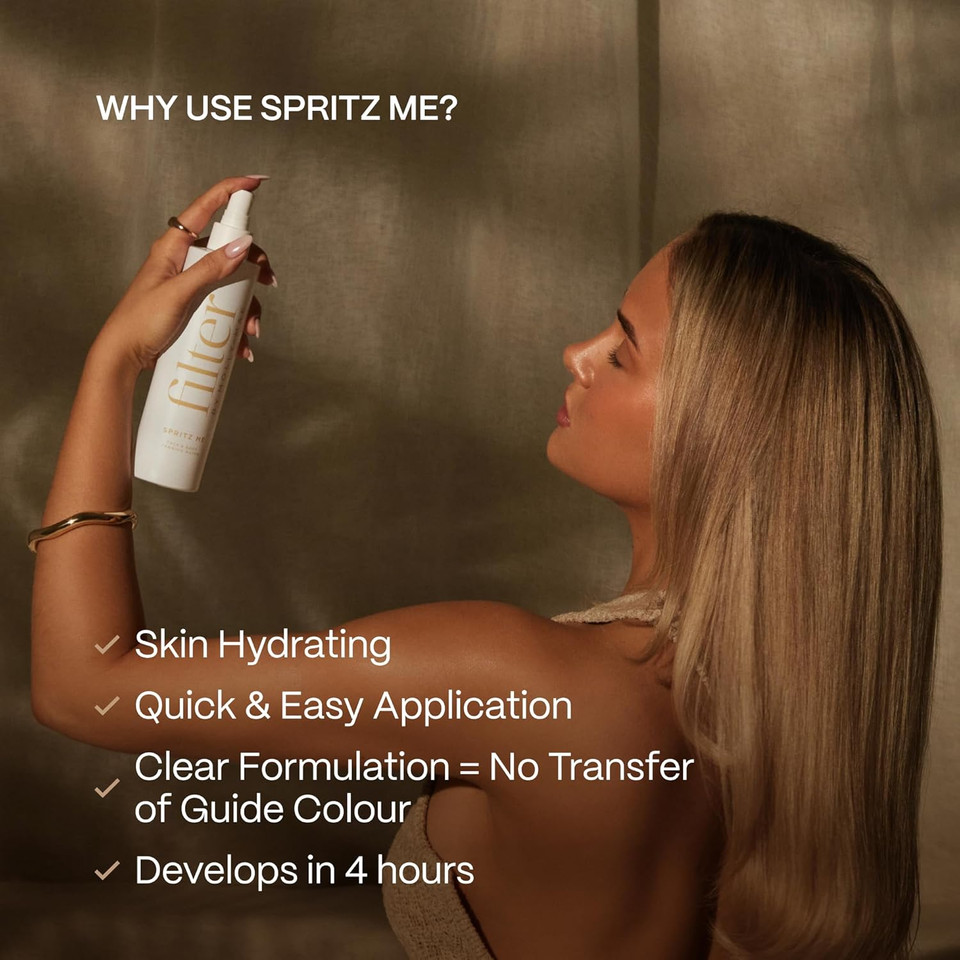 Filter by Molly-Mae Spritz Me Tanning Water | Moisturising Self Tan | Golden Streak Free Glow | Natural Looking Bronzed Fake Tan | Develops Fast | Long Lasting | Clear & Oil Free | 200ml