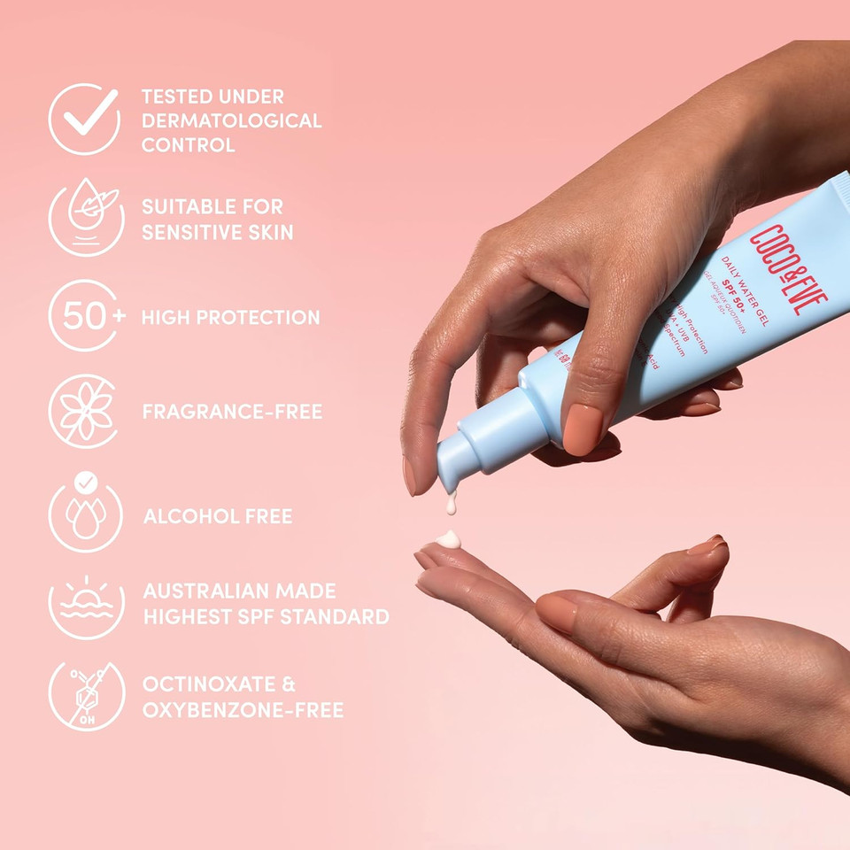 Coco & Eve Daily Water Gel SPF 50+ Sunscreen - Sun Face Protection Against UVA UVB | Australian Made, Hydrating, Lightweight Facial Suncream | Hyaluronic Acid, Aloe Vera, Glycerin for Smooth Finish