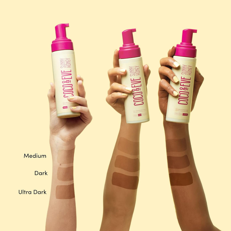 Coco & Eve Sunny Honey Bali Bronzing Foam. Natural Sunless Self Tanner Mousse. Anti Cellulite, Organic Sunless Self Tanning Lotion (Medium)