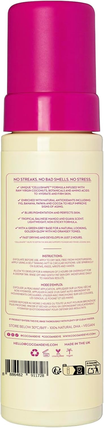 Coco & Eve Sunny Honey Bali Bronzing Foam. Natural Sunless Self Tanner Mousse. Anti Cellulite, Organic Sunless Self Tanning Lotion (Medium)