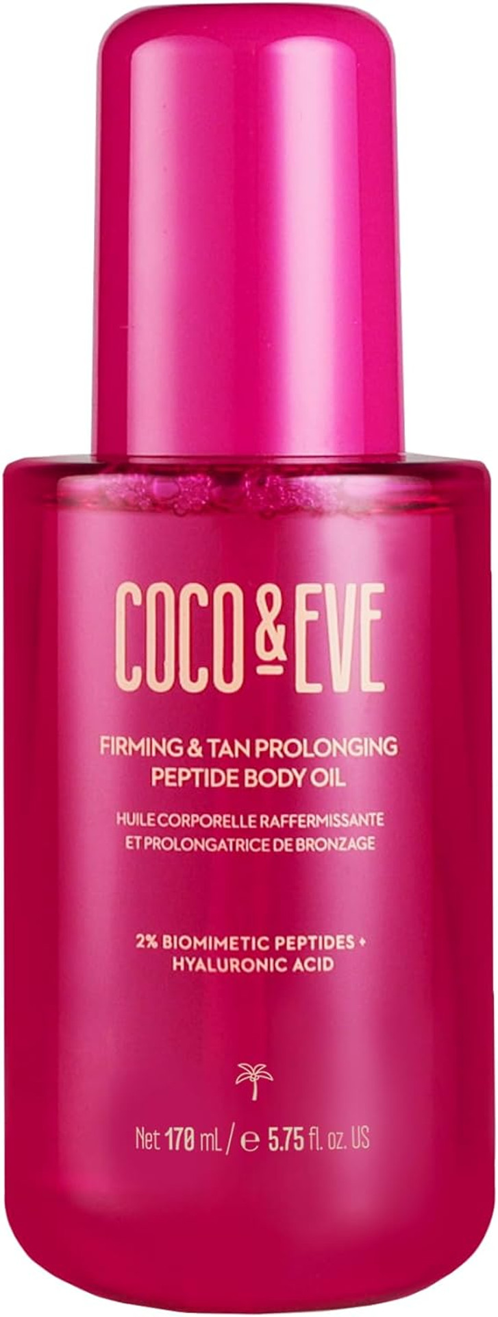 Coco & Eve Firming & Tan Prolonging Peptide Body Oil. Up to 28 Days Natural Tan Extender. After Sun Care with Tropical Oils, Vitamins C & E for Nourished, Glowy & Visibly Firmer Skin. (170ml)