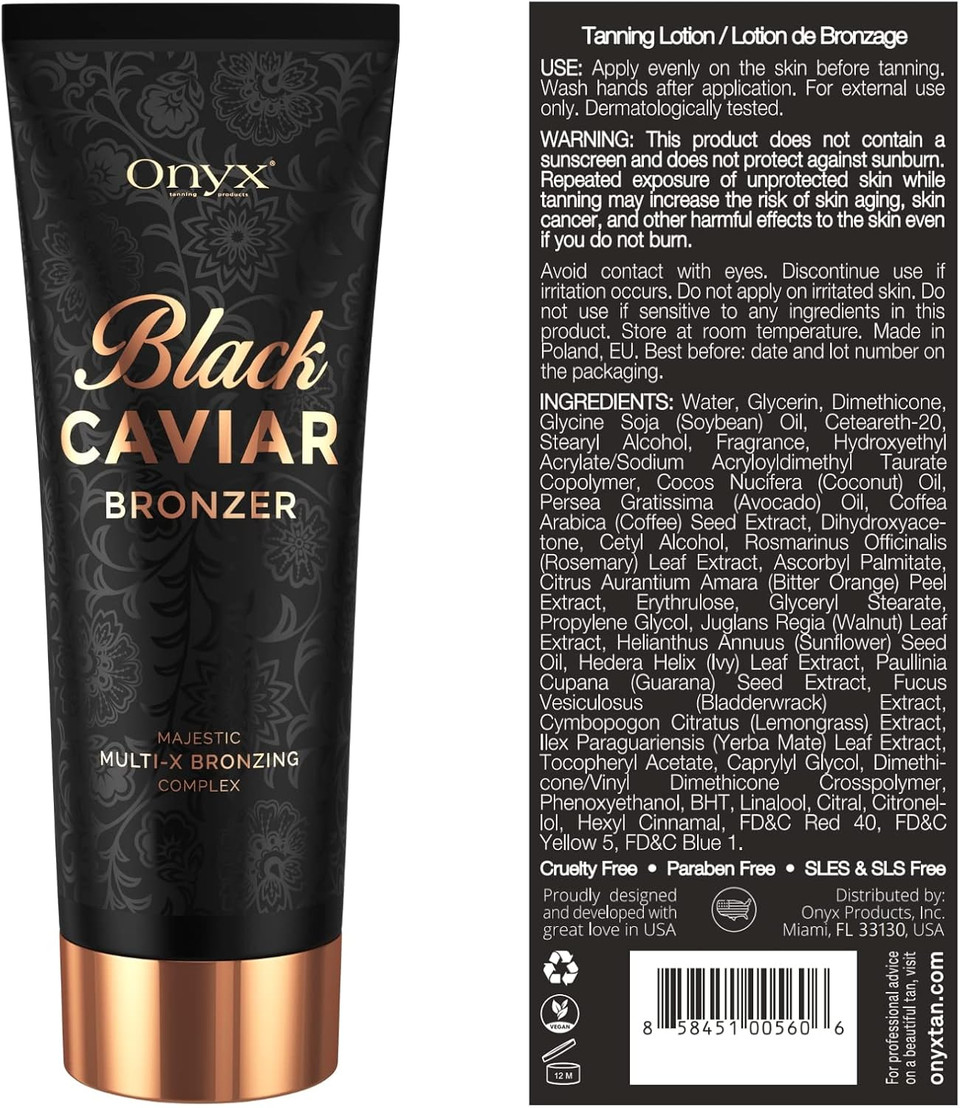 Onyx Black Caviar Sunbed Cream | Dark Tanning Bronzer & Accelerator for Indoor & Outdoor Use | Enhancer for Smooth Streak Free Glow | Hydrated & Moisturised Skin