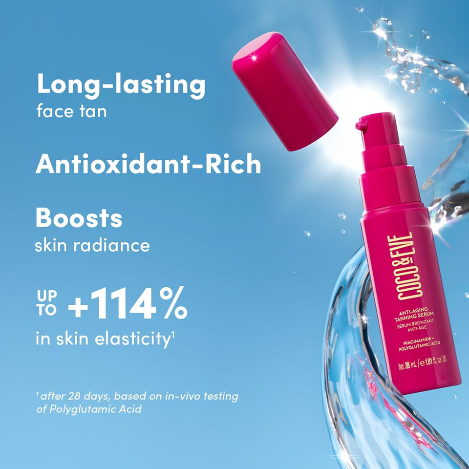 Coco & Eve Anti-Aging Tanning Serum - Face tanner with Skincare Actives for Gradual, Hydrating Glow. Natural Self Tanning Bronzer, with Niacinamide & Antioxidants for Healthy Glowing Skin (30ml)