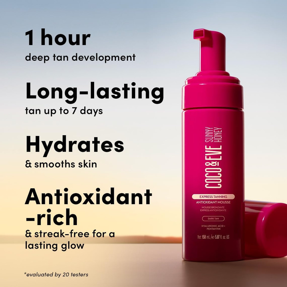 Coco & Eve Express Tanning Antioxidant Mousse - Best 1 Hour Streak-Free Sunless Deep Tan | Fast, Instant, Natural Dark Glow. Moisturizing Tanner with DHA, Hyaluronic Acid, Coconut Extract (150ml)