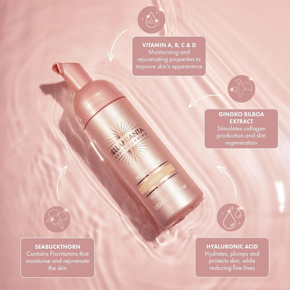 Bellamianta Instant Tanning Mousse Quick Drying, Vegan Fake Tan in Golden Olive Tone - Streak Free & 60 Second Express Ready to Wear Self Tanner for All Skin Types - 150ml - Medium