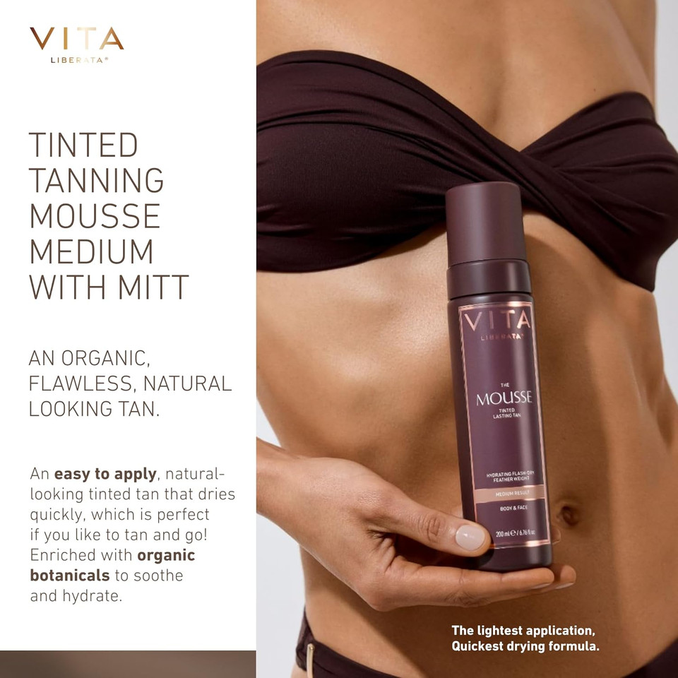 VITA LIBERATA, Tinted Tanning Mousse Medium 200ml & Mitt Bundle, Fast Drying Formula, Tinted for even & streak-free application, Natural & Organic Ingredients, Tanning Mitt for Flawless Application VITA LIBERATA, Tinted Tanning Mousse Medium 200ml & Mitt Bundle, Fast Drying Formula, Tinted for even & streak-free application, Natural & Organic Ingredients, Tanning Mitt for Flawless Application