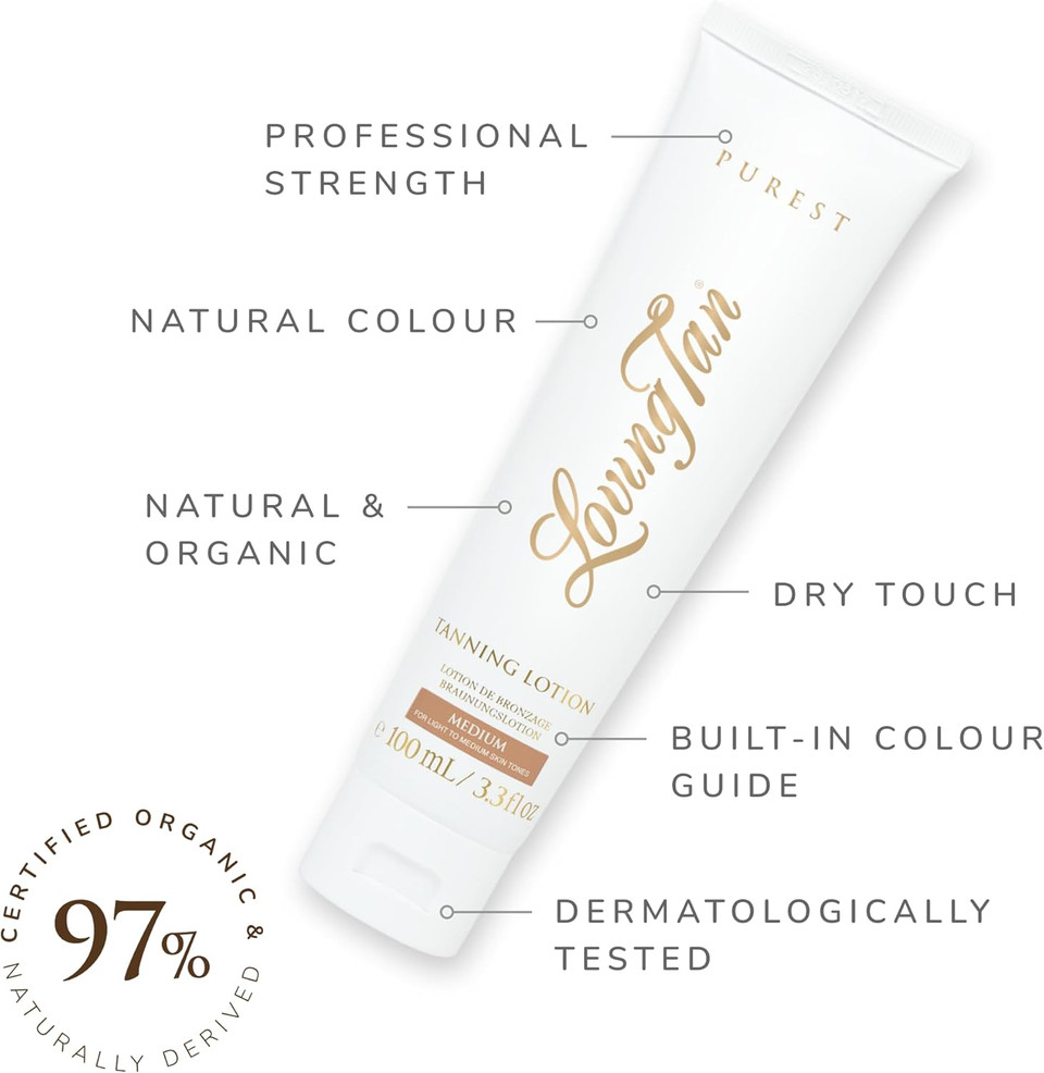 Loving Tan Purest Tanning Lotion, Medium  Sunless Tanner Made From 97% Certified Organic & Naturally Derived Ingredients, 5+ Self Tanner Applications, Cruelty Free, Vegan Friendly- 100 ml