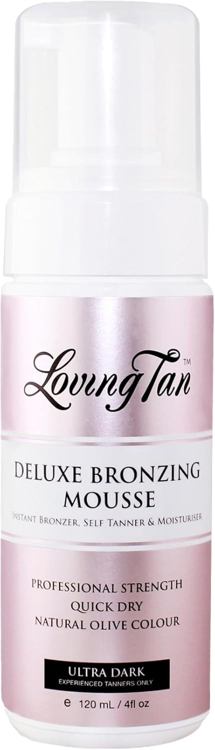 Loving Tan Deluxe Bronzing Mousse, Ultra Dark - Streak Free, Natural looking, Professional Strength Sunless Tanner- Up to 5 Self Tan Applications per Bottle, Cruelty Free, Naturally Derived DHA- 120ml